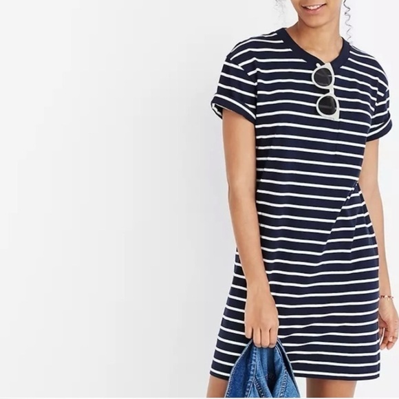 Madewell Tina Stripe Crew Neck T-Shirt Dress Blue White Cotton Womens L Preppy - Picture 2 of 14